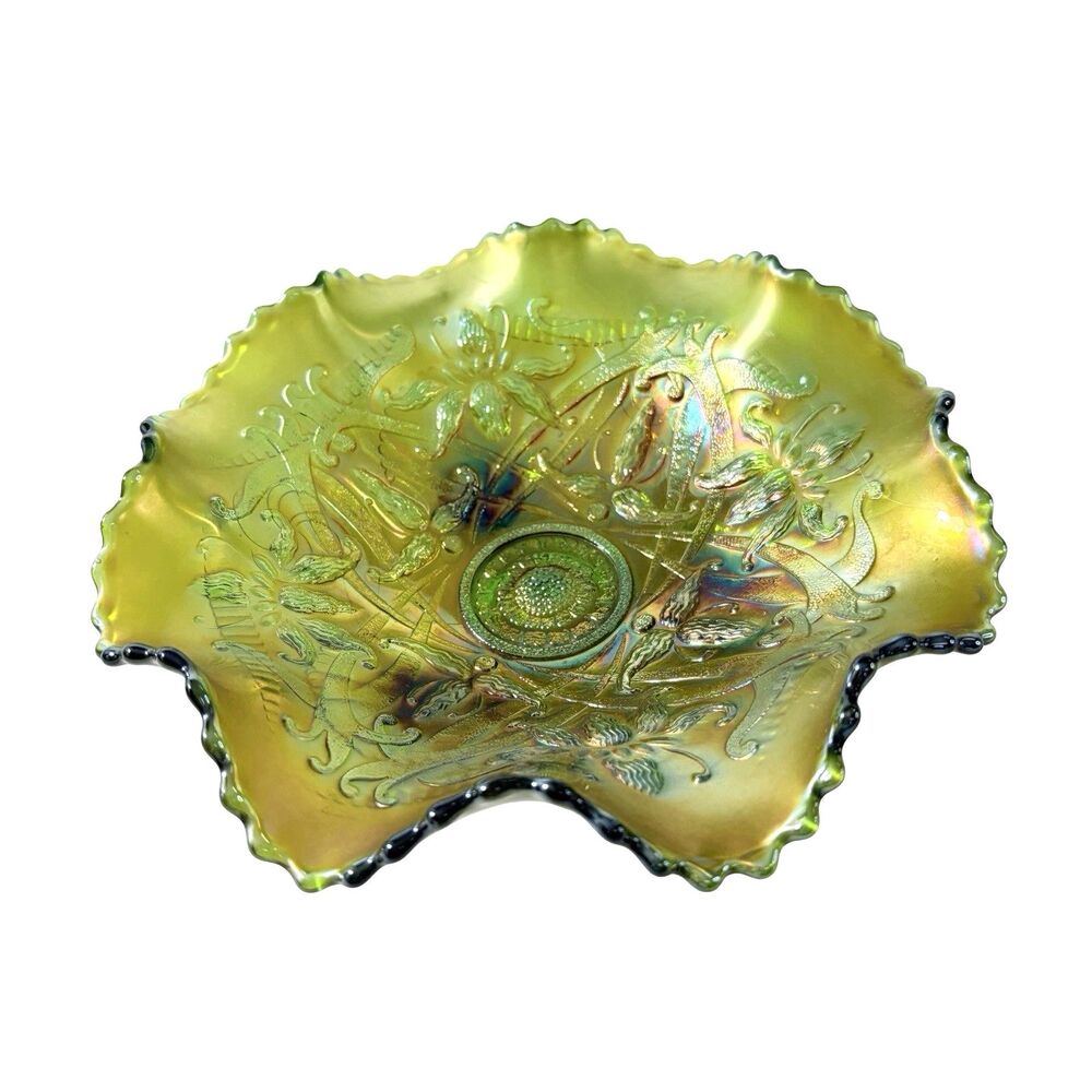 Northwood Carnival Glass Wishbone Good Luck Bowl GREEN 8.25" Antique Early 1900